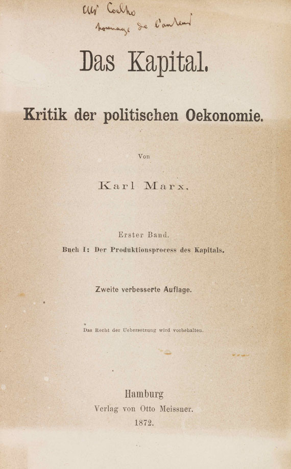 Karl Marx - Das Kapital. Mit eigh. Widmung, 1872.