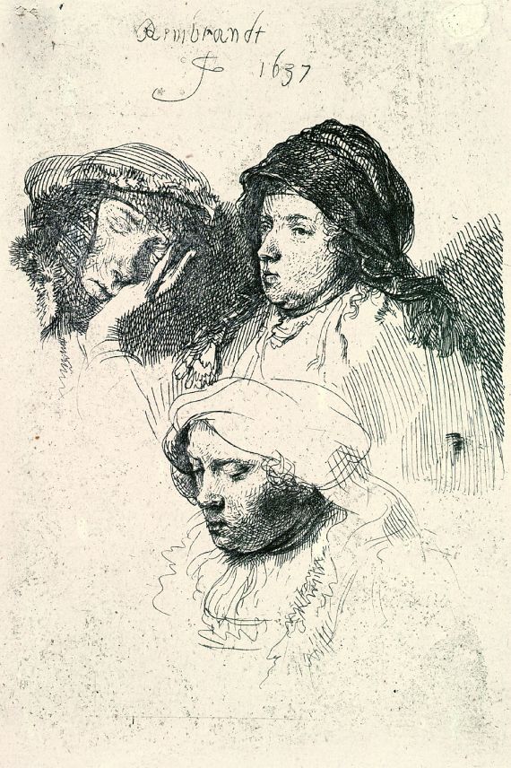 Harmensz.van Rijn Rembrandt - Drei Frauenköpfe, eine Frau schlafend