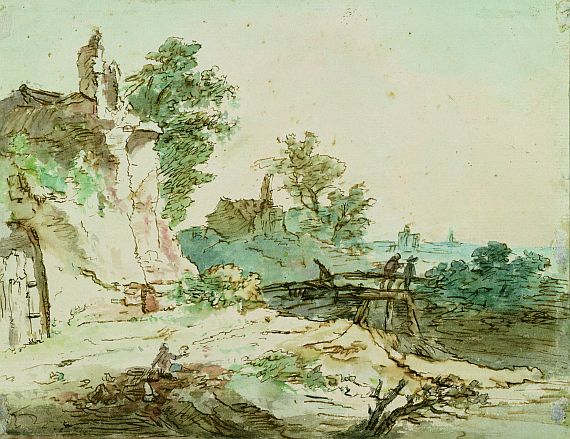 Holländisch - Ruinenlandschaft mit zwei Wanderern auf der Brücke