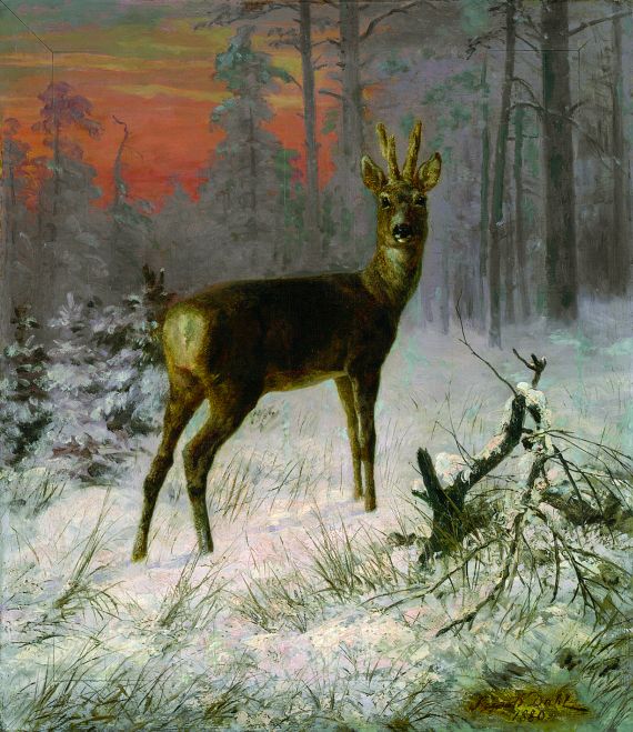 Siegwald Johannes Dahl - Rehbock in winterlicher Waldlandschaft