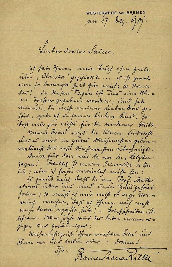 Rainer Maria Rilke - 1 Bl. handschrifltich, an Herrn Salus, 1901.