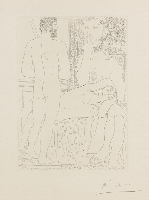 Pablo Picasso - Sculpteur, modèle couché et autoportrait en Hercule sculpté
