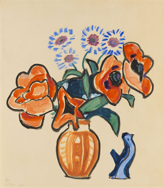 Gabriele Münter - Blumenstillleben mit Vögelchen (Türkenmohn und Flockenblumen mit Vögelchen)