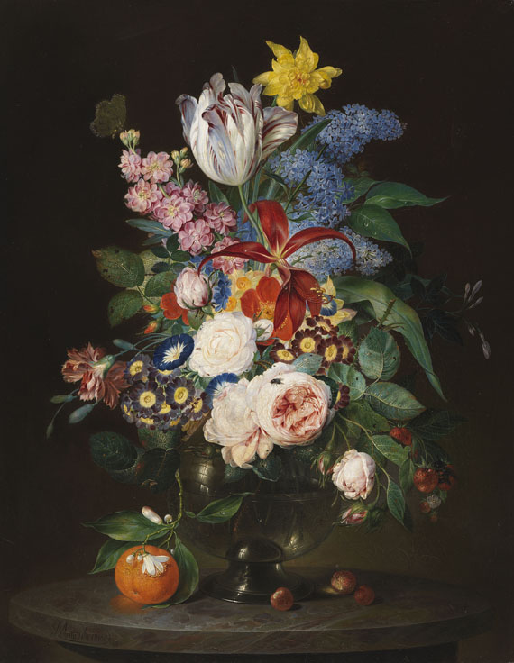 Theodor Mattenheimer - Prächtiges Blumenstillleben mit Insekten