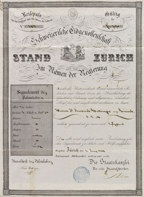 Gottfried Keller - Dokument mit Unterschrift. 1866