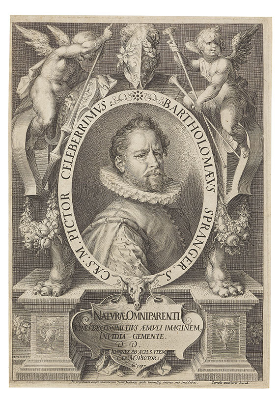 Jan Harmensz Muller - Bildnis Bartholomäus Spranger im ovalen Rahmen mit Genien