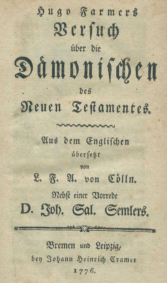  Okkulta - Farmer, Hugo, Versuch über die Dämonischen des neuen Testamentes. 1776