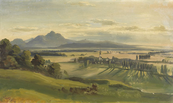 Josef Mayburger - Blick von Salzburg gegen Bayern mit dem Dorf Liefering und dem Hochstaufen