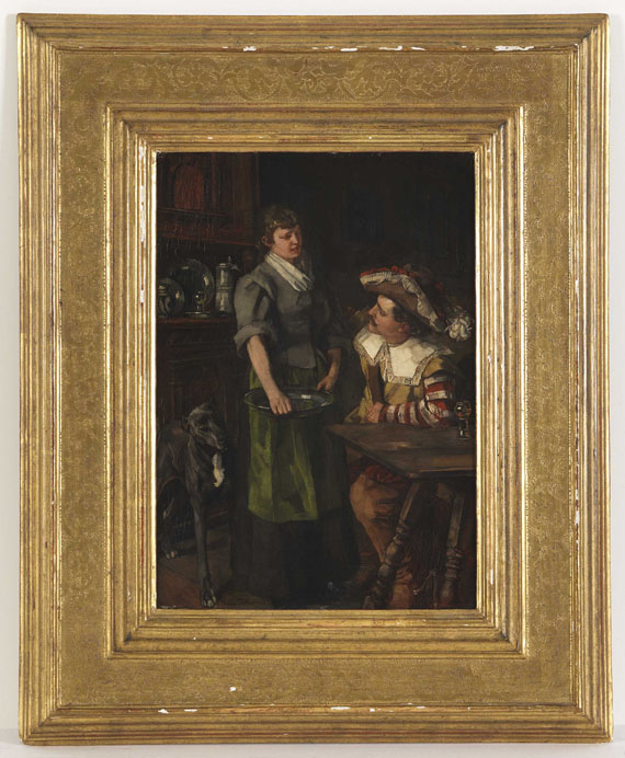 Wilhelm Trübner - Zechender Landsknecht mit Serviermädchen - Rahmenbild