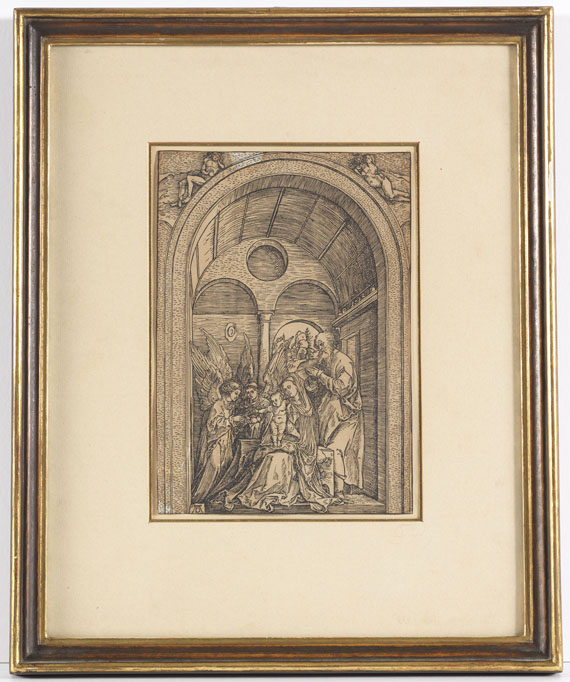 Albrecht Dürer - Die Heilige Familie mit zwei Engeln in der gewölbten Halle - Rahmenbild