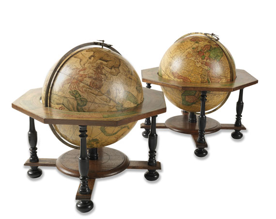  Globus - Pair of Celestial and Terrestrial Globes, 32 cm diameter. J. G. Doppelmayr 1728 (revised ed. by W. P. Jenig, 1789/90).