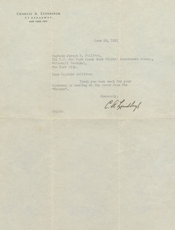 Charles Lindbergh - Masch. Brief m. U., dabei: Umberto Nobile, masch. Brief m. U., zus. 2 Tle.