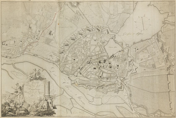 Hamburg - 1 Bl. Hamburg-Plan + 1 Bl. Hamburg-Panorama (Lawrence). Zus. 2 Tle.