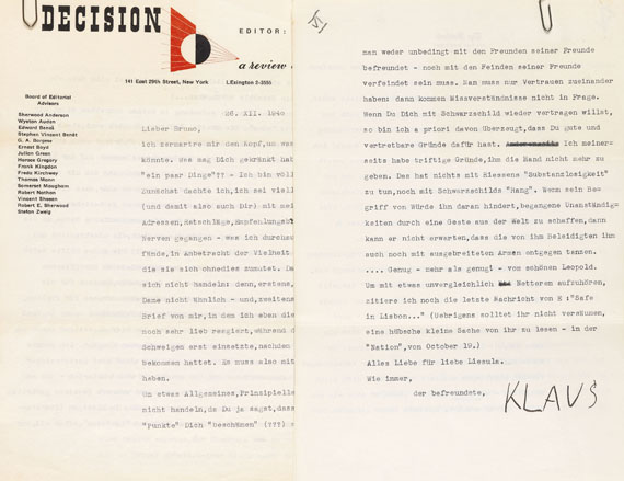 Klaus Mann - 6 masch. Briefe m. U. 1940.