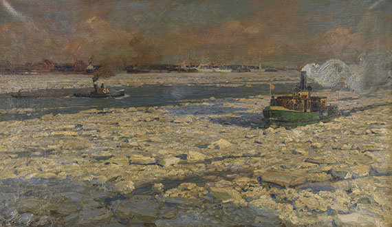 Friedrich Kallmorgen - Grüner Fährdampfer im Eis auf der Elbe. "Wintersonne"