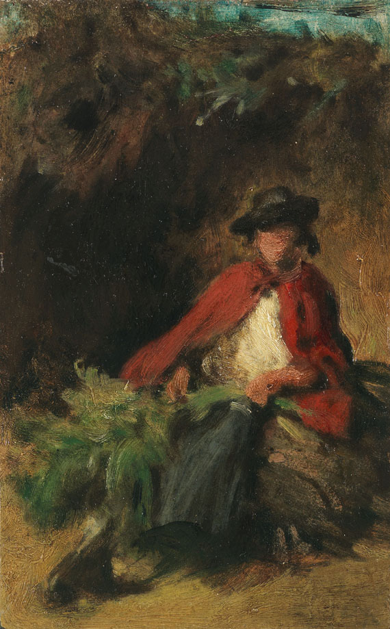 Carl Spitzweg - Sitzendes Mädchen mit rotem Umhang, einen Hasen vor sich