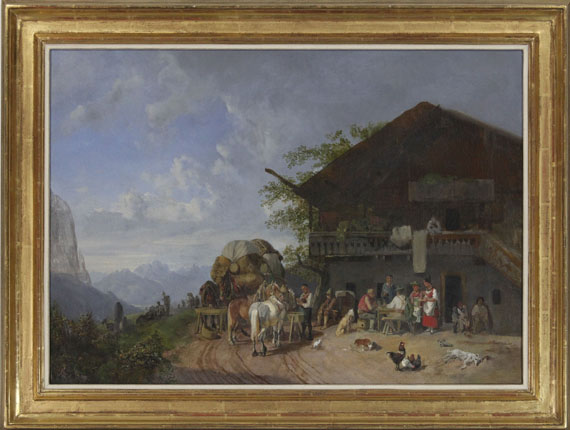 Heinrich Bürkel - Rast vor einem Gasthof in den Bergen - Rahmenbild