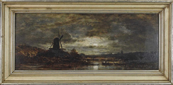Eduard Schleich d. Ä. - Holländische Flusslandschaft mit Mühle bei Mondschein - Rahmenbild