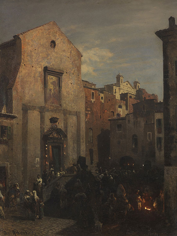 Oswald Achenbach - Italienische Stadtansicht bei einbrechender Nacht