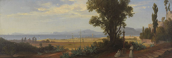 August Wilhelm Julius Ahlborn - Gemäldepaar: Palermo von S. Maria Gesu gesehen, in der Ferne die Küste Siziliens bis zum Cap Zafferano. Grabmal der Cäcilia Metella, Circus des Caracalla, S. Sebastiano, in der Ferne das neue Rom