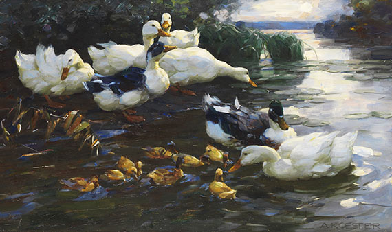 Alexander Koester - Enten mit Küken im Wasser