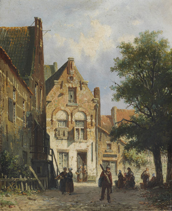 Adrianus Eversen - Belebte Strassenszene in einem holländischen Städtchen [Zonnig straatje]