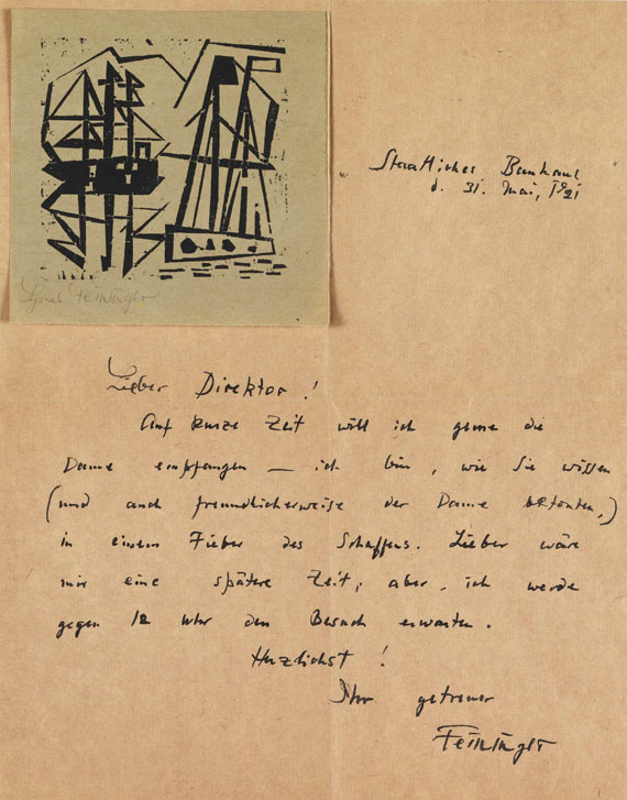 Lyonel Feininger - Eigenhändiger Brief. 31. Mai 1921