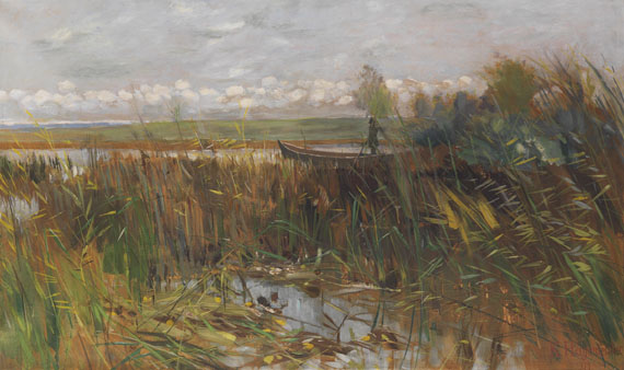 Karl Hagemeister - Märkische Seenlandschaft mit Entenjäger im Kahn stehend