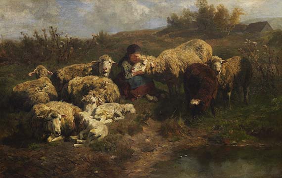 Anton Braith - Kleine Hirtin mit Schafen