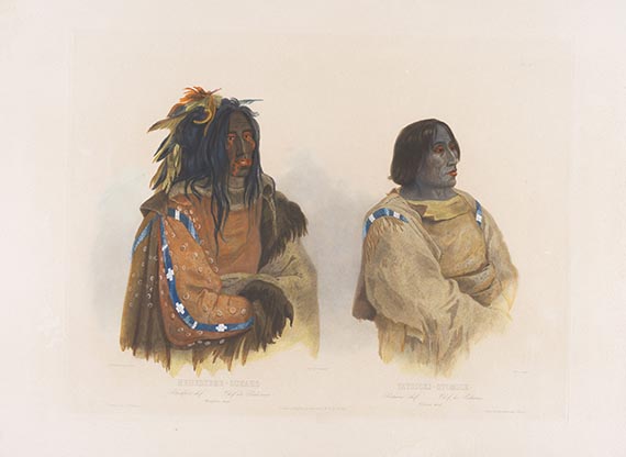 Karl Bodmer - 2 Bll.: Mehkskeme-Sukahs & Tatsicki-Stomck, Lager der Piekann-Indianer. - 2 Beigaben