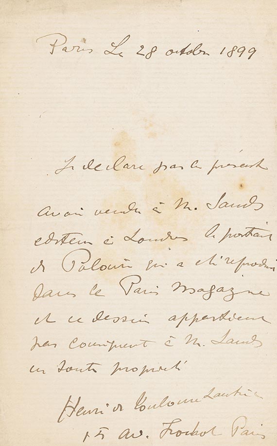 Henri de Toulouse-Lautrec - Eigh. Kaufbestätigung m. U.