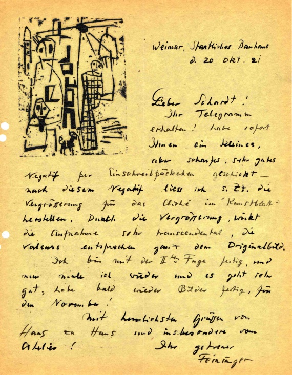 Lyonel Feininger - 69 Briefe (tlw. mit Holzschnitten) an Alois Schardt (darunter 7 zus. mit Ehefrau Julia) + 44 Briefe der Familien Feininger/Schardt + 1 Pos. Exzerpte - Weitere Abbildung