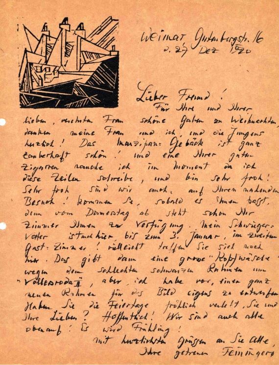 Lyonel Feininger - 69 Briefe (tlw. mit Holzschnitten) an Alois Schardt (darunter 7 zus. mit Ehefrau Julia) + 44 Briefe der Familien Feininger/Schardt + 1 Pos. Exzerpte - Weitere Abbildung
